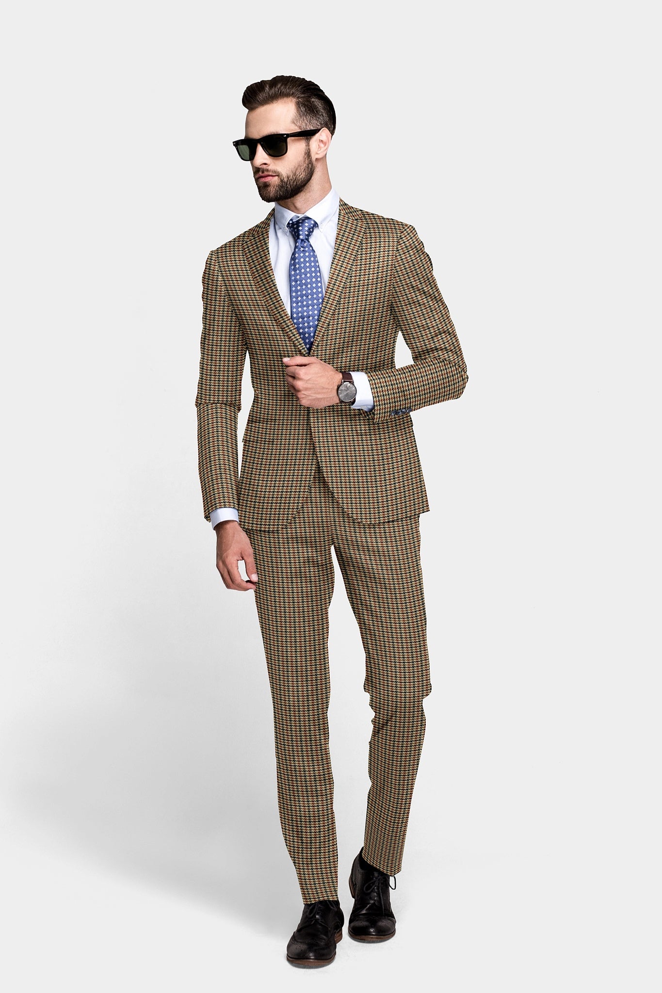 Brown Men's Two Button Dress Party Checks Print Suit Jacket Notched Lapel Slim Fit Stylish Blazer