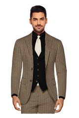 Brown Men's Two Button Dress Party Checks Print Suit Jacket Notched Lapel Slim Fit Stylish Blazer