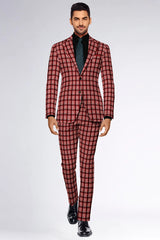 Red Pink Men's Two Button Dress Party Checks Print Suit Jacket Notched Lapel Slim Fit Terry Rayon Stylish Blazer