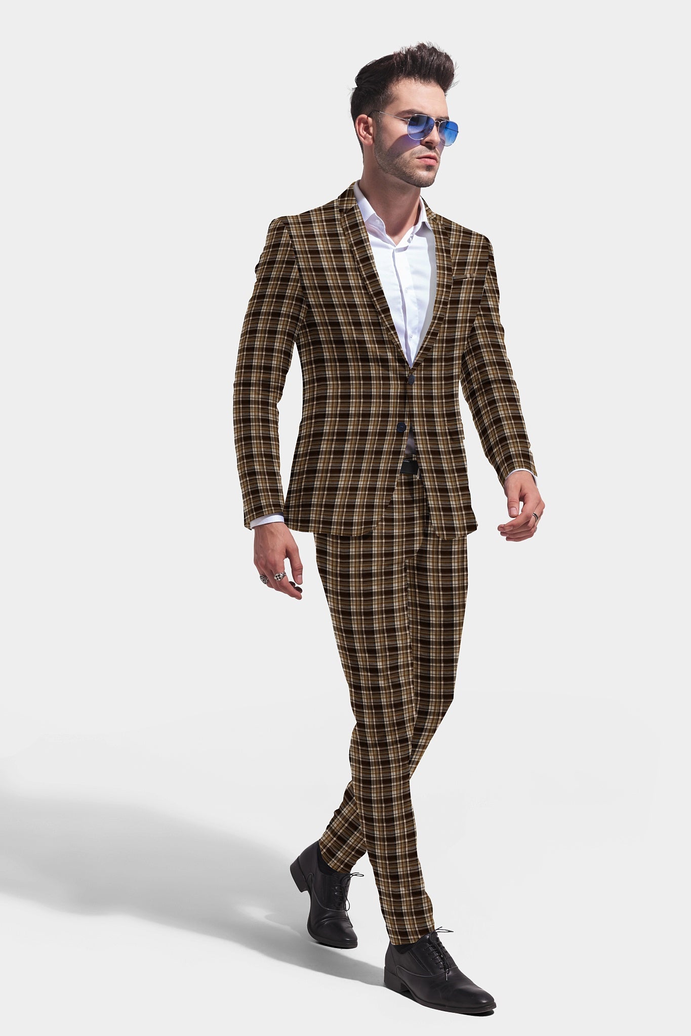 Coffee Bean Men's Two Button Dress Party Checks Print Suit Jacket Notched Lapel Slim Fit Terry Rayon Stylish Blazer