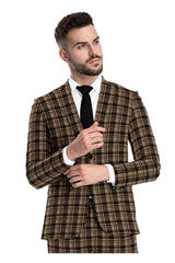 Coffee Bean Men's Two Button Dress Party Checks Print Suit Jacket Notched Lapel Slim Fit Terry Rayon Stylish Blazer