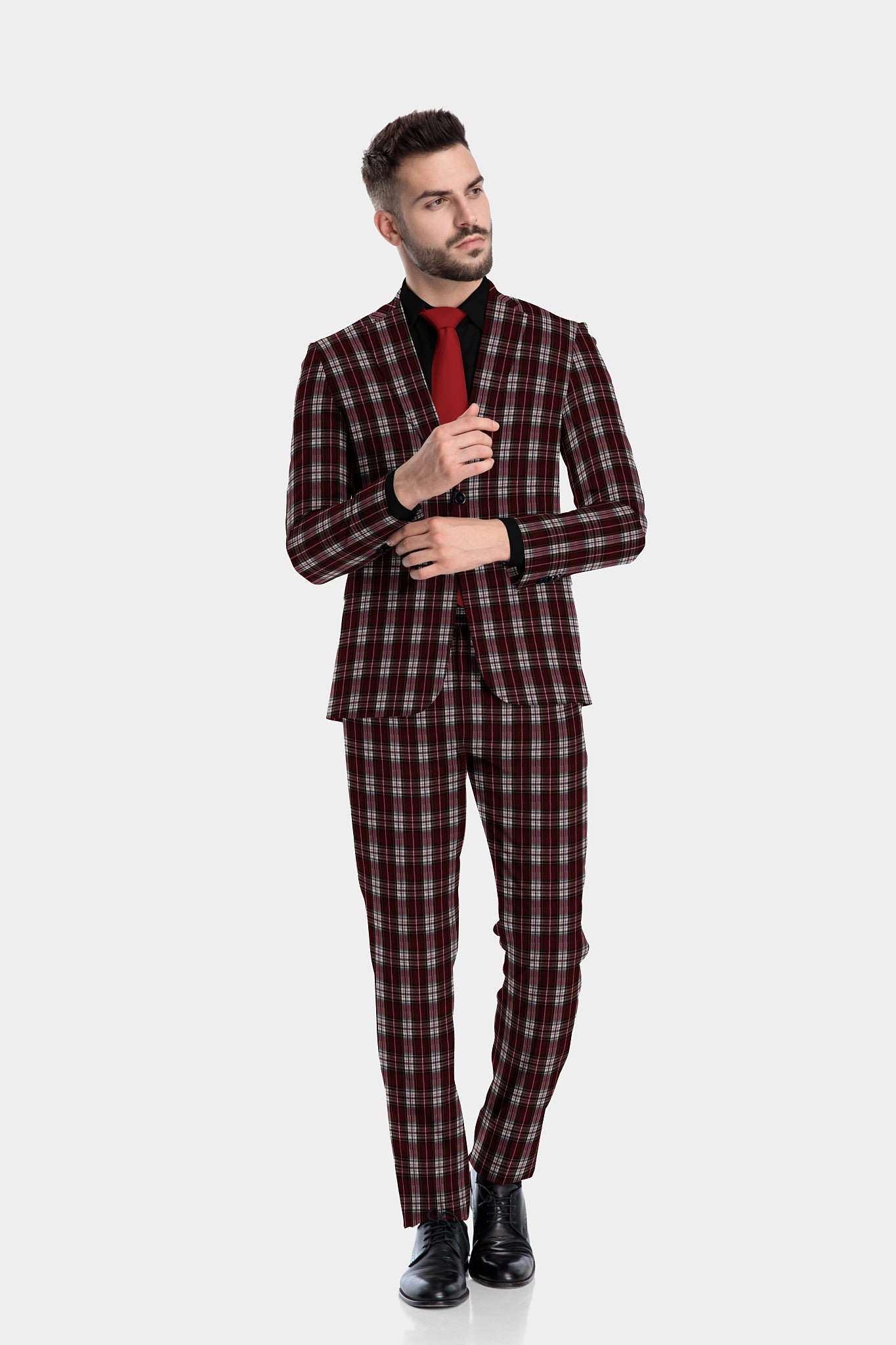 Dark Maroon Men's Two Button Dress Party Checks Print Suit Jacket Notched Lapel Slim Fit Terry Rayon Stylish Blazer