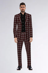 Dark Maroon Men's Two Button Dress Party Checks Print Suit Jacket Notched Lapel Slim Fit Terry Rayon Stylish Blazer