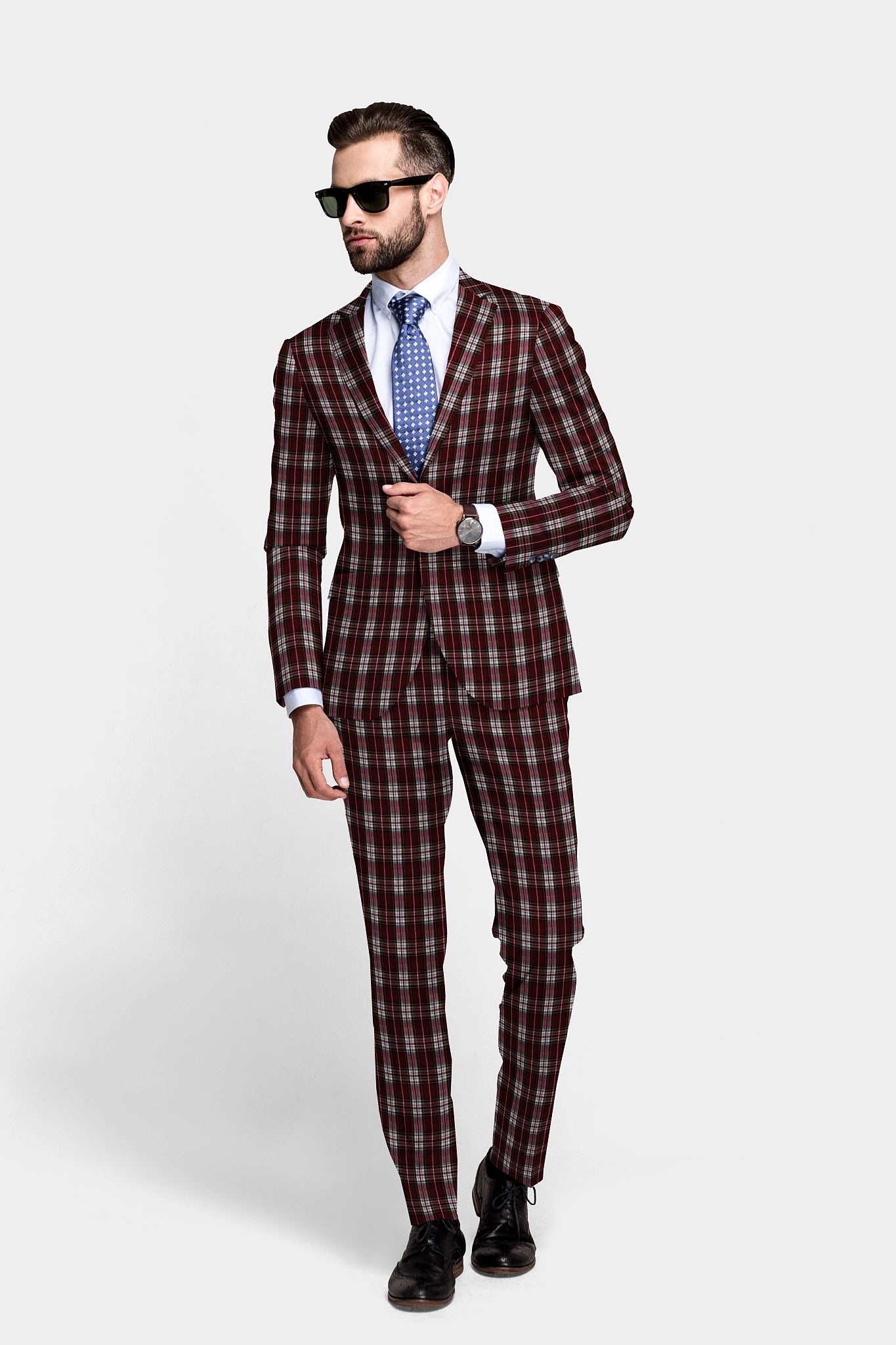 Dark Maroon Men's Two Button Dress Party Checks Print Suit Jacket Notched Lapel Slim Fit Terry Rayon Stylish Blazer