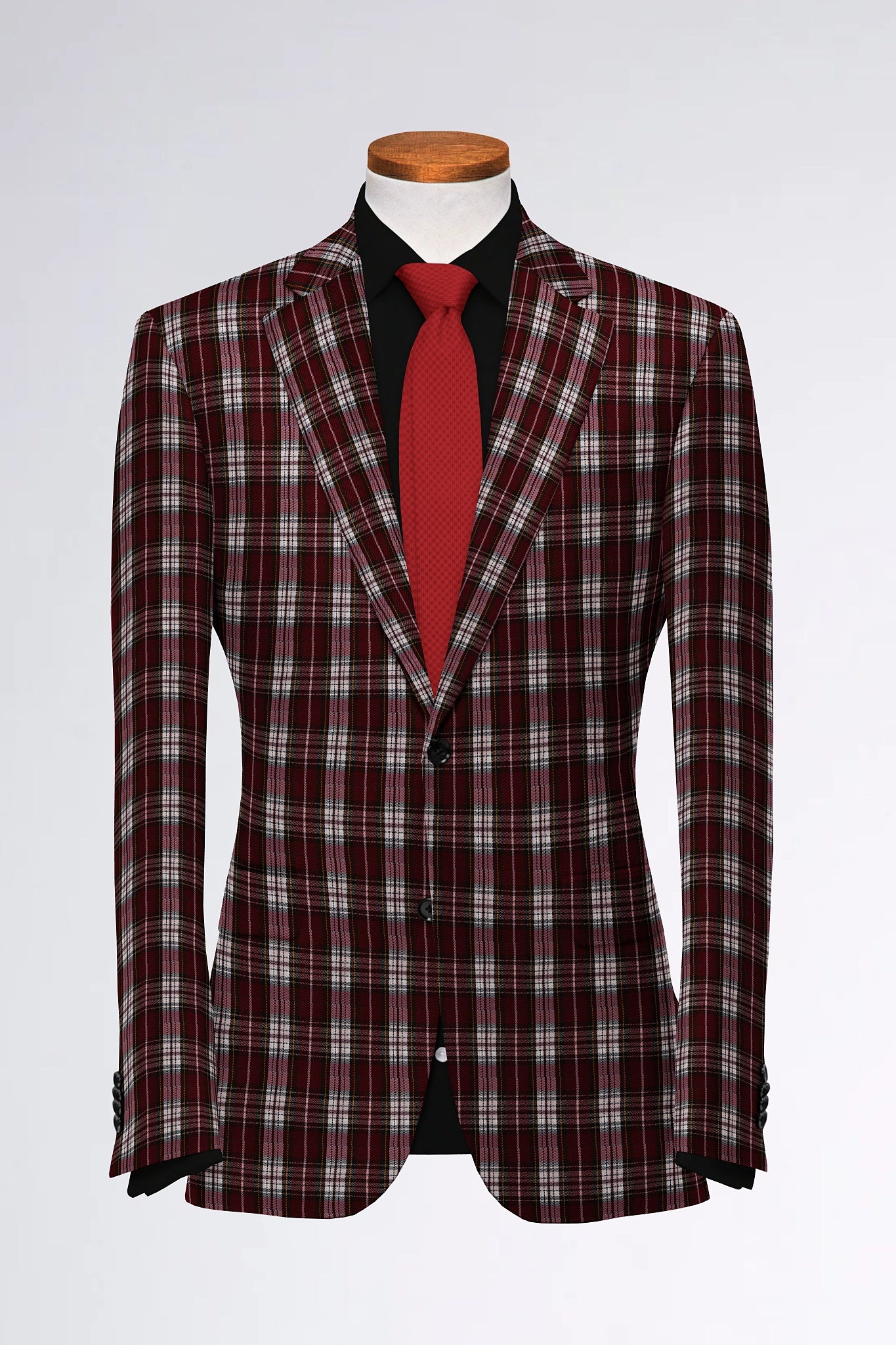 Dark Maroon Men's Two Button Dress Party Checks Print Suit Jacket Notched Lapel Slim Fit Terry Rayon Stylish Blazer