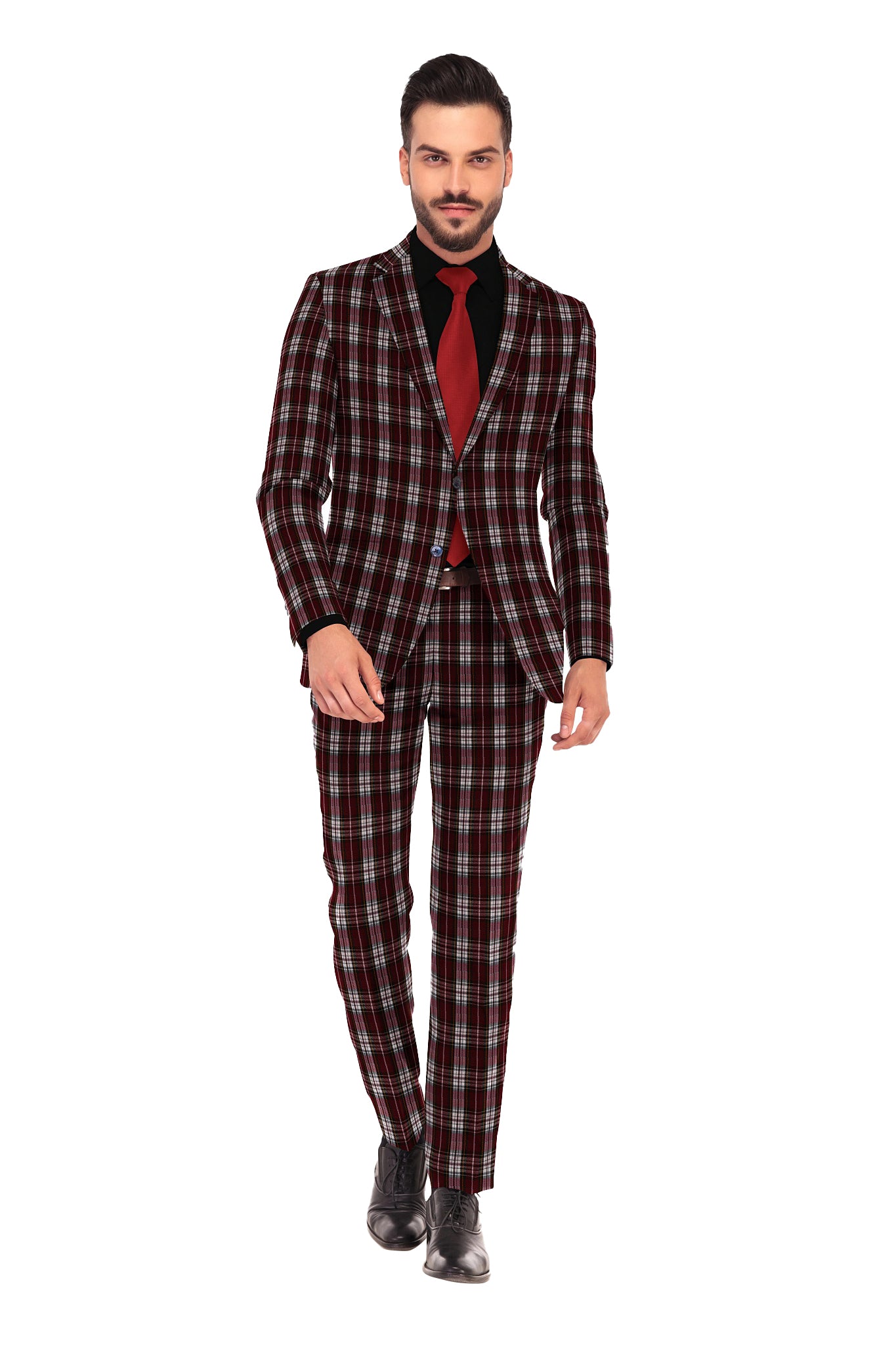 Dark Maroon Men's Two Button Dress Party Checks Print Suit Jacket Notched Lapel Slim Fit Terry Rayon Stylish Blazer