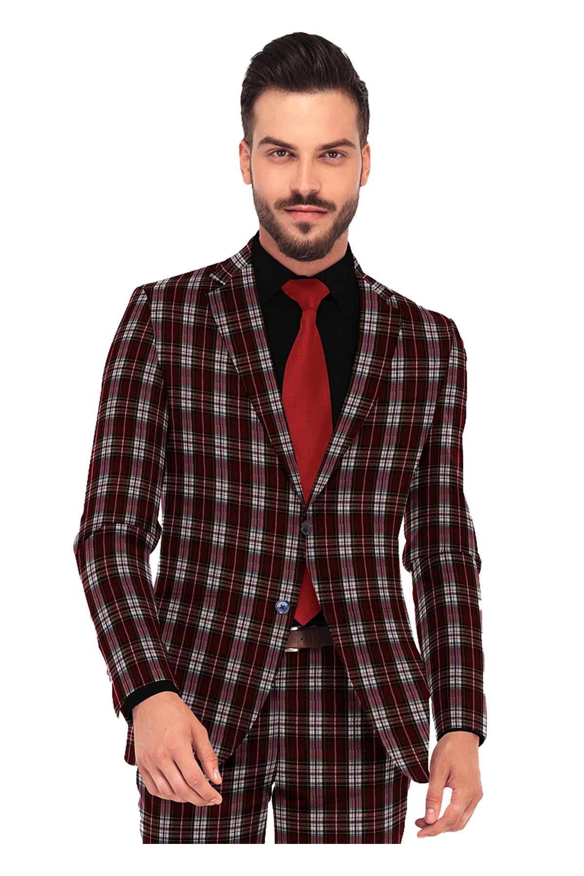 Dark Maroon Men's Two Button Dress Party Checks Print Suit Jacket Notched Lapel Slim Fit Terry Rayon Stylish Blazer