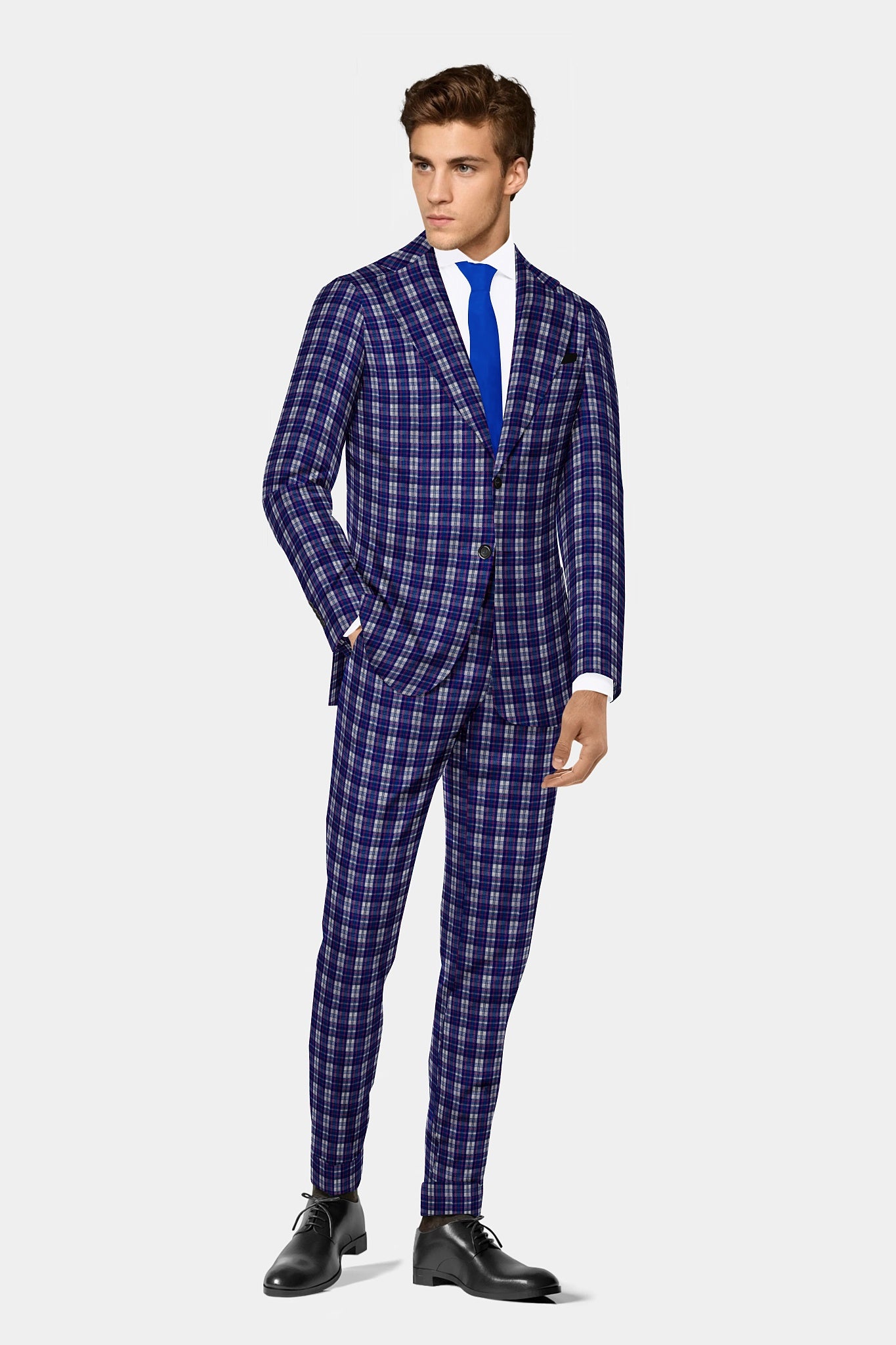 Blue Men's Two Button Dress Party Checks Print Suit Jacket Notched Lapel Slim Fit Terry Rayon Stylish Blazer