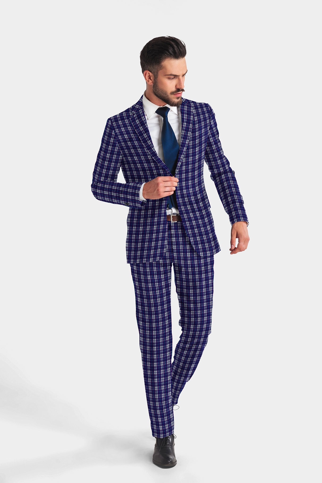 Blue Men's Two Button Dress Party Checks Print Suit Jacket Notched Lapel Slim Fit Terry Rayon Stylish Blazer