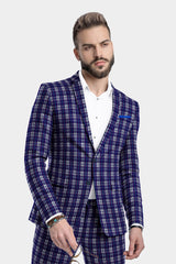 Blue Men's Two Button Dress Party Checks Print Suit Jacket Notched Lapel Slim Fit Terry Rayon Stylish Blazer