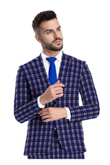 Blue Men's Two Button Dress Party Checks Print Suit Jacket Notched Lapel Slim Fit Terry Rayon Stylish Blazer