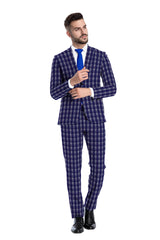 Blue Men's Two Button Dress Party Checks Print Suit Jacket Notched Lapel Slim Fit Terry Rayon Stylish Blazer