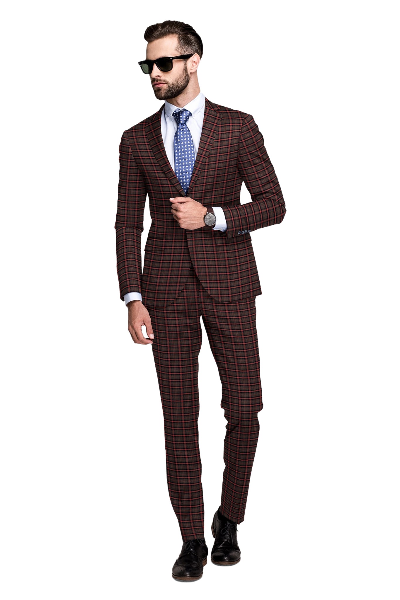 Seal Brown Men's Two Button Dress Party Checks Print Suit Jacket Notched Lapel Slim Fit Terry Rayon Stylish Blazer