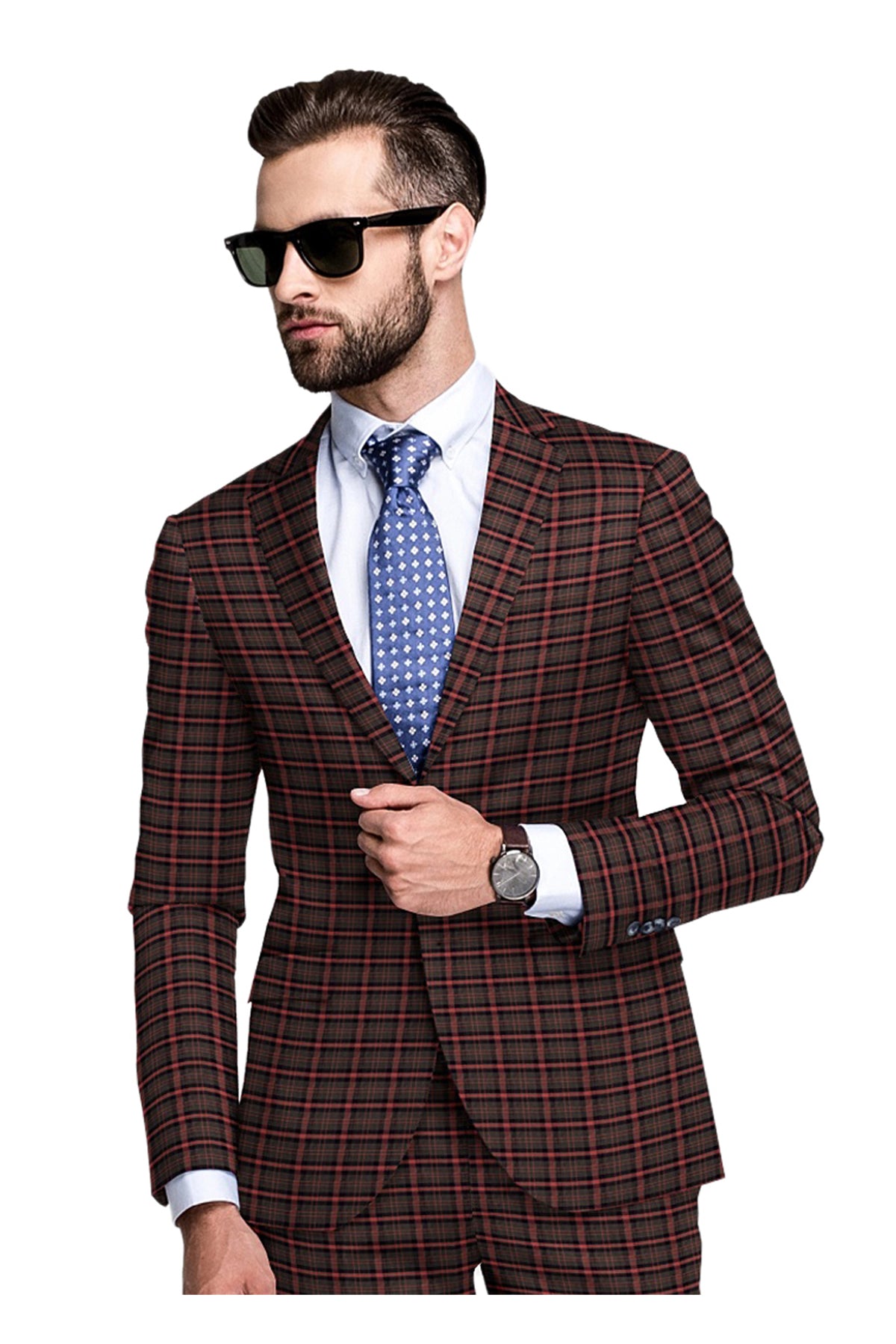 Seal Brown Men's Two Button Dress Party Checks Print Suit Jacket Notched Lapel Slim Fit Terry Rayon Stylish Blazer