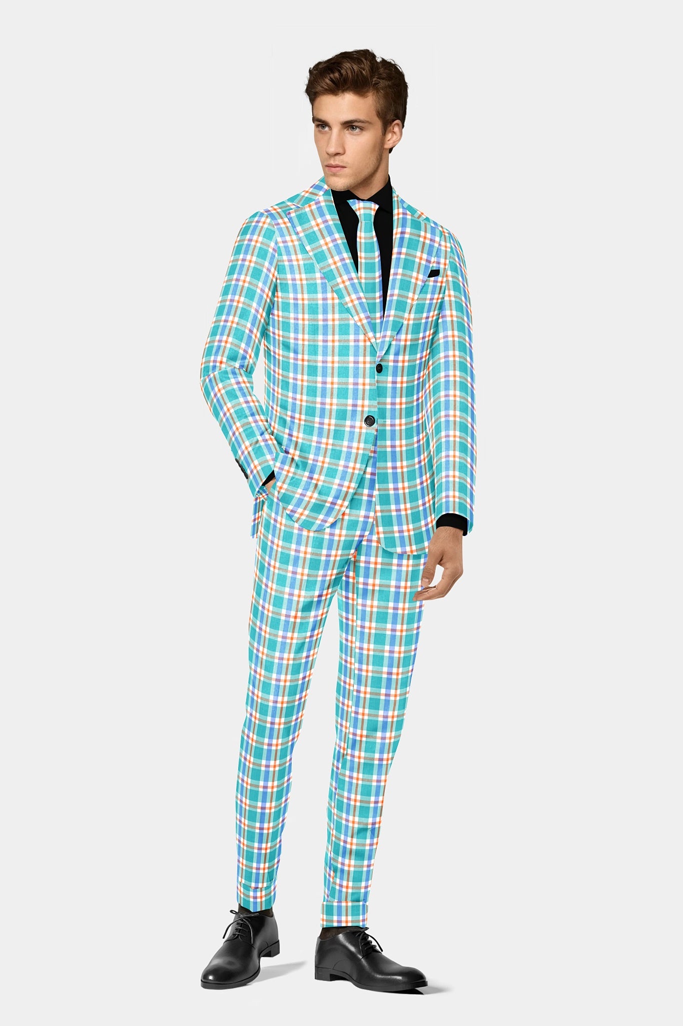 Sky Blue Men's Two Button Dress Party Checks Print Suit Jacket Notched Lapel Slim Fit Terry Rayon Stylish Blazer