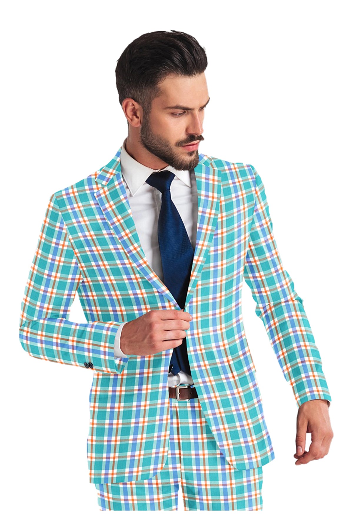 Sky Blue Men's Two Button Dress Party Checks Print Suit Jacket Notched Lapel Slim Fit Terry Rayon Stylish Blazer