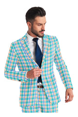 Sky Blue Men's Two Button Dress Party Checks Print Suit Jacket Notched Lapel Slim Fit Terry Rayon Stylish Blazer