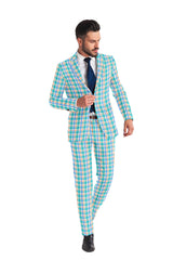 Sky Blue Men's Two Button Dress Party Checks Print Suit Jacket Notched Lapel Slim Fit Terry Rayon Stylish Blazer