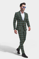 Mineral Green Men's Two Button Dress Party Checks Print Suit Jacket Notched Lapel Slim Fit Terry Rayon Stylish Blazer