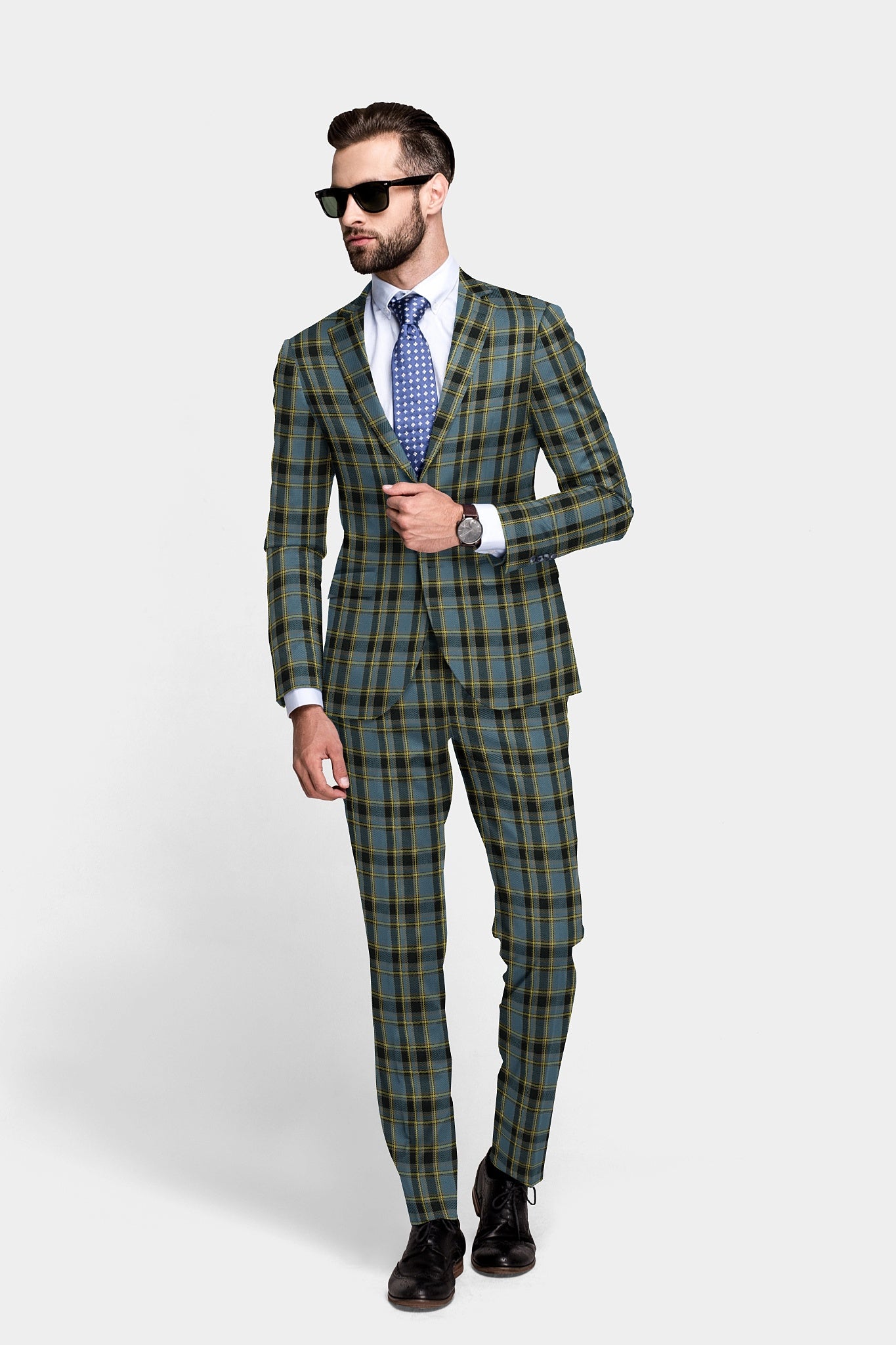 Mineral Green Men's Two Button Dress Party Checks Print Suit Jacket Notched Lapel Slim Fit Terry Rayon Stylish Blazer