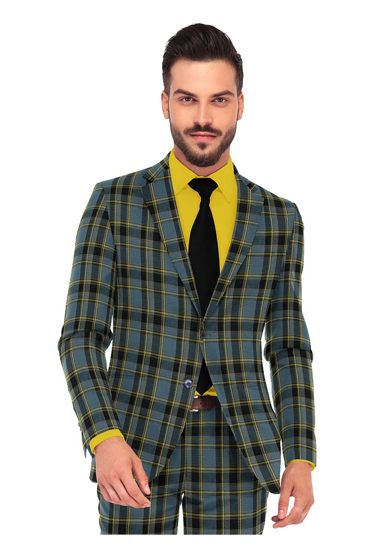 Mineral Green Men's Two Button Dress Party Checks Print Suit Jacket Notched Lapel Slim Fit Terry Rayon Stylish Blazer