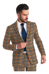 Dark Beige Men's Two Button Dress Party Checks Print Suit Jacket Notched Lapel Slim Fit Terry Rayon Stylish Blazer