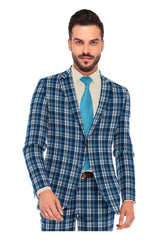 Dark Grey Blue Men's Two Button Dress Party Checks Print Suit Jacket Notched Lapel Slim Fit Terry Rayon Stylish Blazer