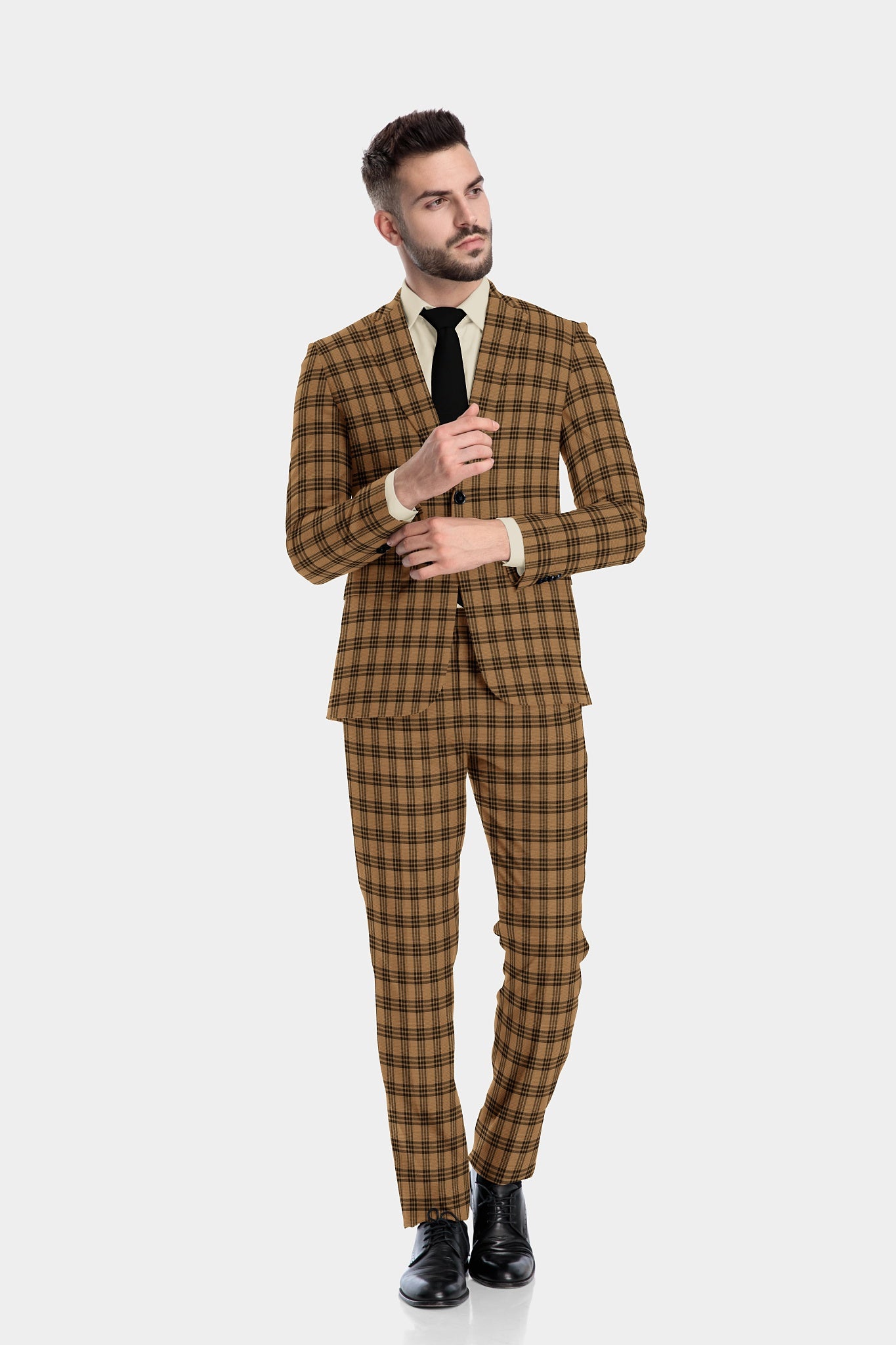 Pale Brown Men's Two Button Dress Party Checks Print Suit Jacket Notched Lapel Slim Fit Terry Rayon Stylish Blazer