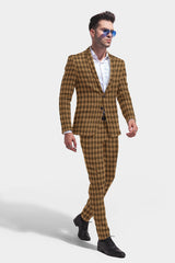 Pale Brown Men's Two Button Dress Party Checks Print Suit Jacket Notched Lapel Slim Fit Terry Rayon Stylish Blazer