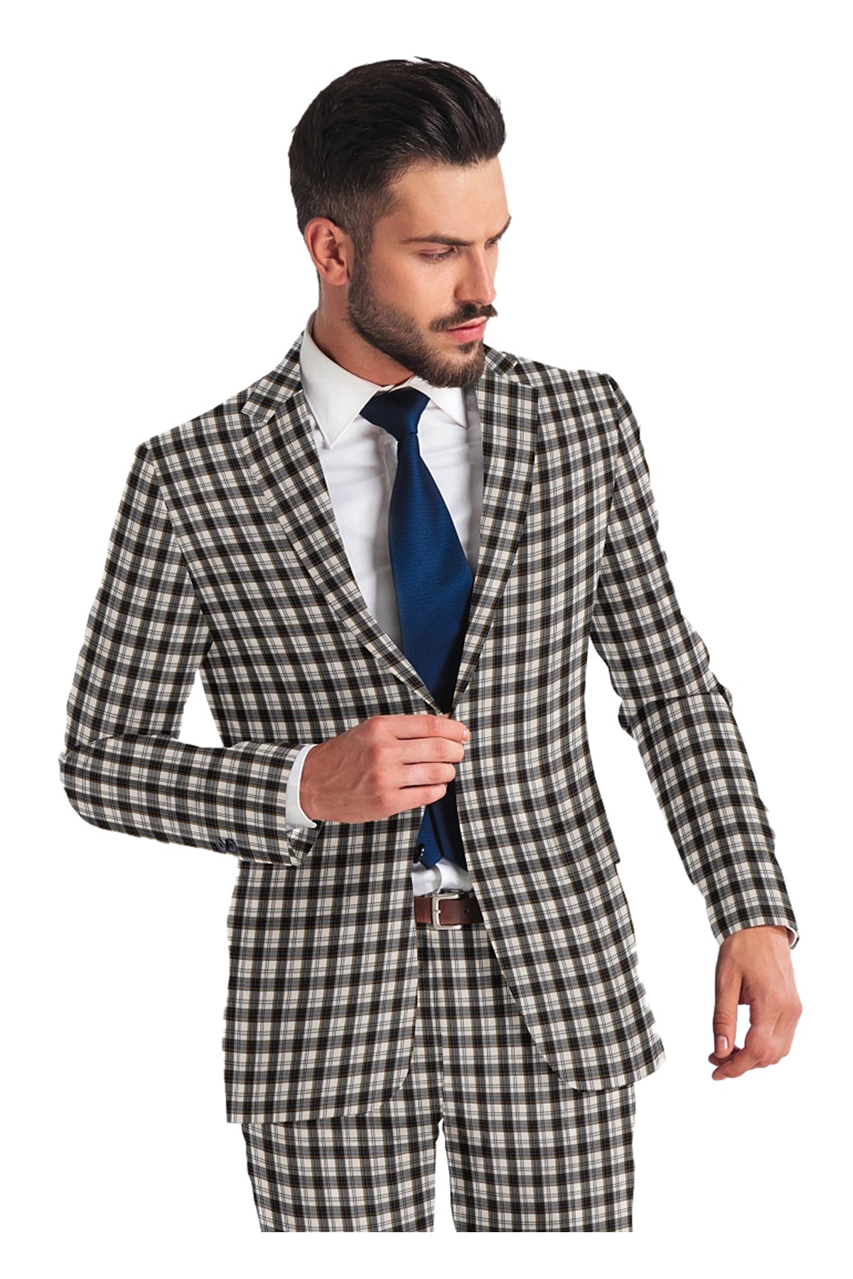 Carbon Grey Men's Two Button Dress Party Checks Print Suit Jacket Notched Lapel Slim Fit Terry Rayon Stylish Blazer