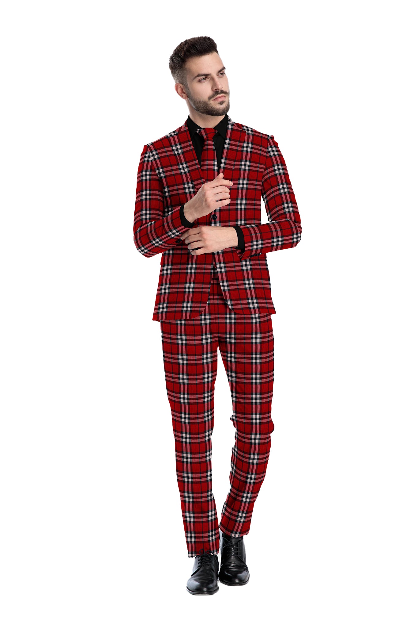 Blood Red Men's Two Button Dress Party Checks Print Suit Jacket Notched Lapel Slim Fit Terry Rayon Stylish Blazer