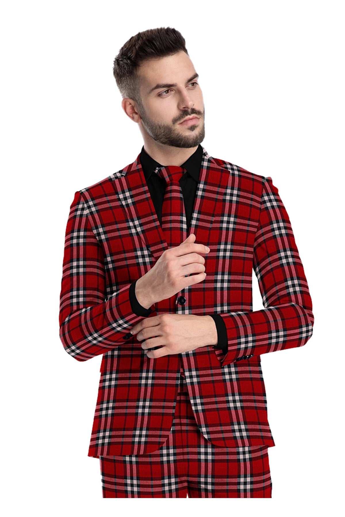 Blood Red Men's Two Button Dress Party Checks Print Suit Jacket Notched Lapel Slim Fit Terry Rayon Stylish Blazer