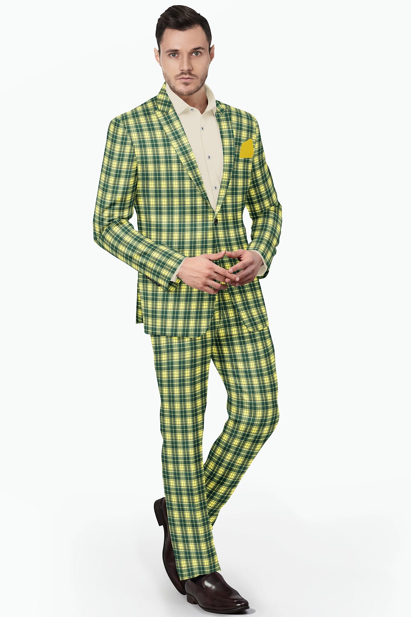 Light Green Men's Two Button Dress Party Checks Print Suit Jacket Notched Lapel Slim Fit Terry Rayon Stylish Blazer