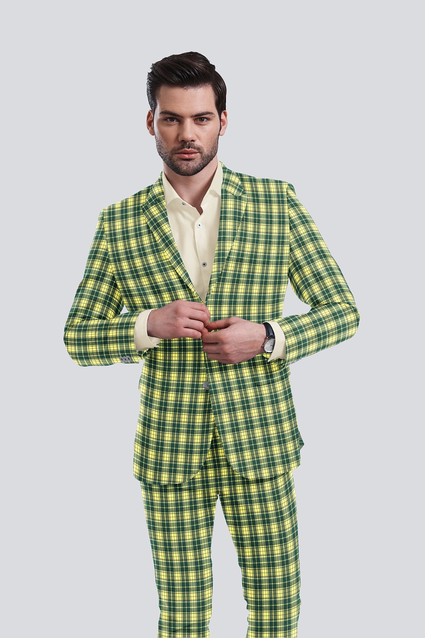 Light Green Men's Two Button Dress Party Checks Print Suit Jacket Notched Lapel Slim Fit Terry Rayon Stylish Blazer