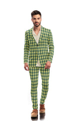 Light Green Men's Two Button Dress Party Checks Print Suit Jacket Notched Lapel Slim Fit Terry Rayon Stylish Blazer