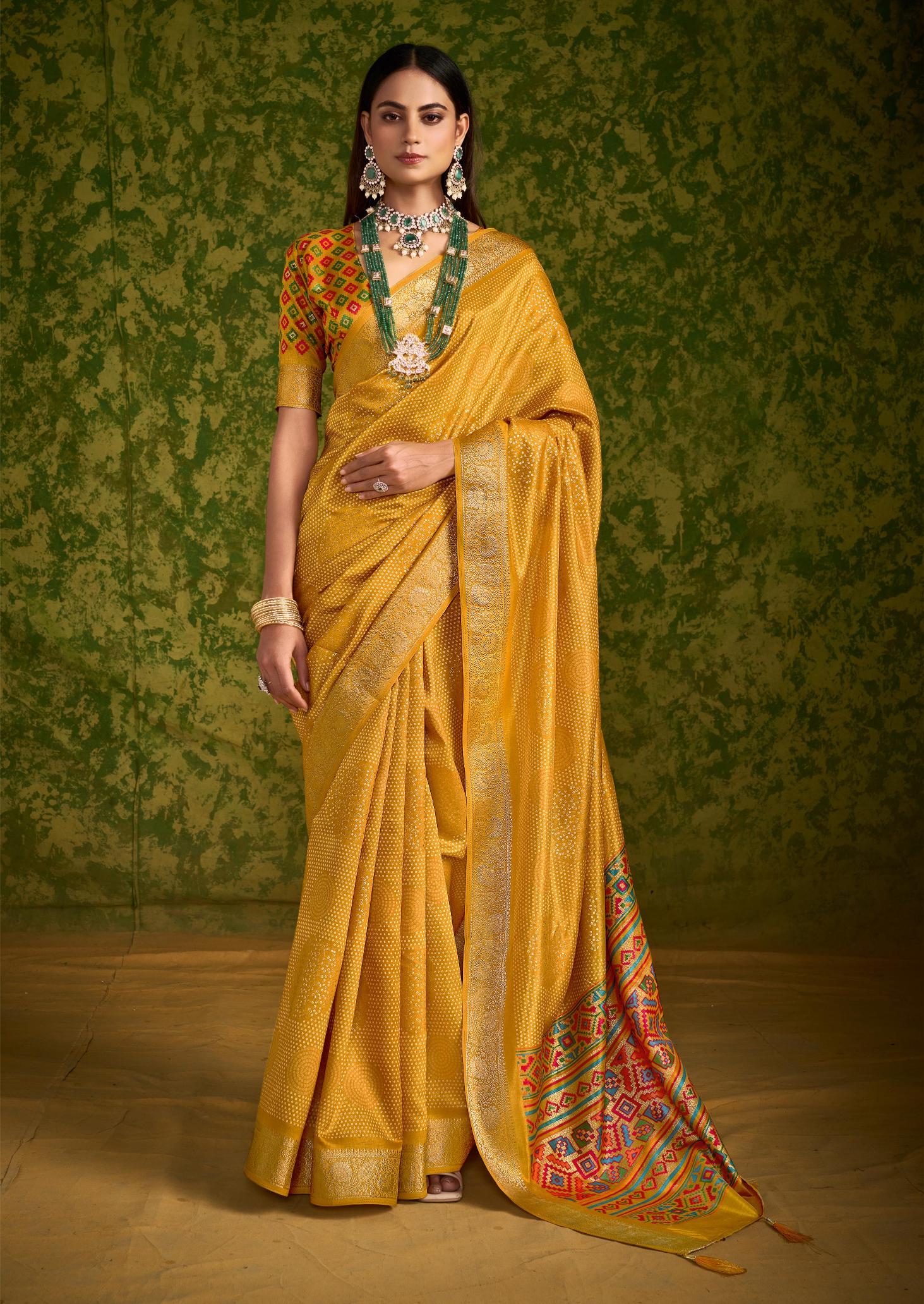 Yellow Rasian Silk  Bandhani Printed Saree