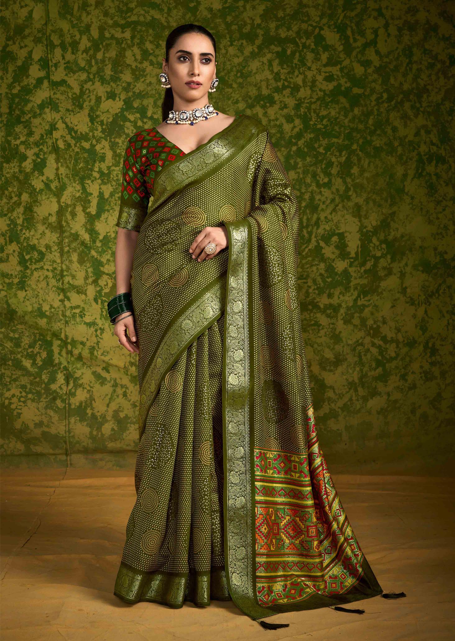 Olive Green Rasian Silk  Bandhani Printed Saree