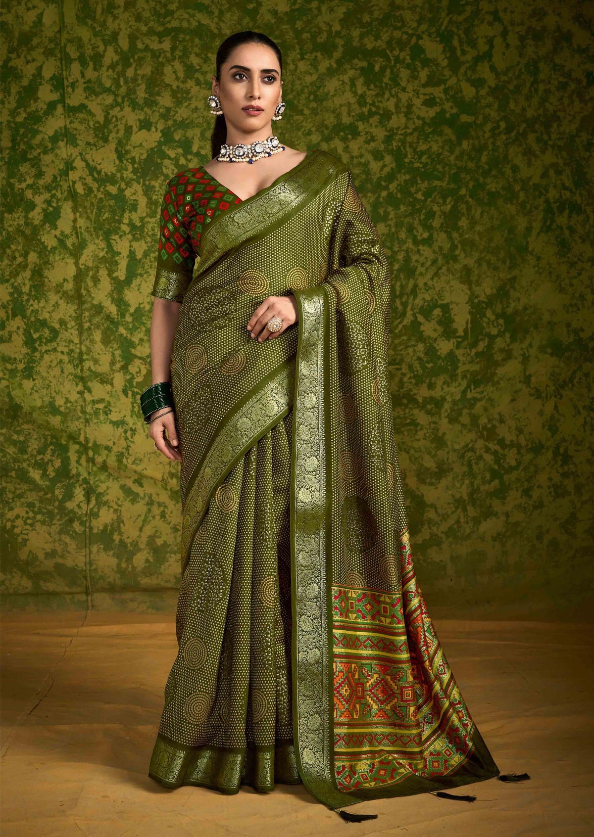 Olive Green Rasian Silk  Bandhani Printed Saree