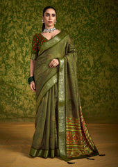 Olive Green Rasian Silk  Bandhani Printed Saree