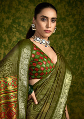 Olive Green Rasian Silk  Bandhani Printed Saree