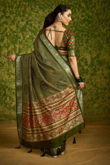 Olive Green Rasian Silk  Bandhani Printed Saree