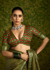 Olive Green Rasian Silk  Bandhani Printed Saree