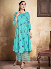 Teal Printed Rayon Kurti With Palazzo