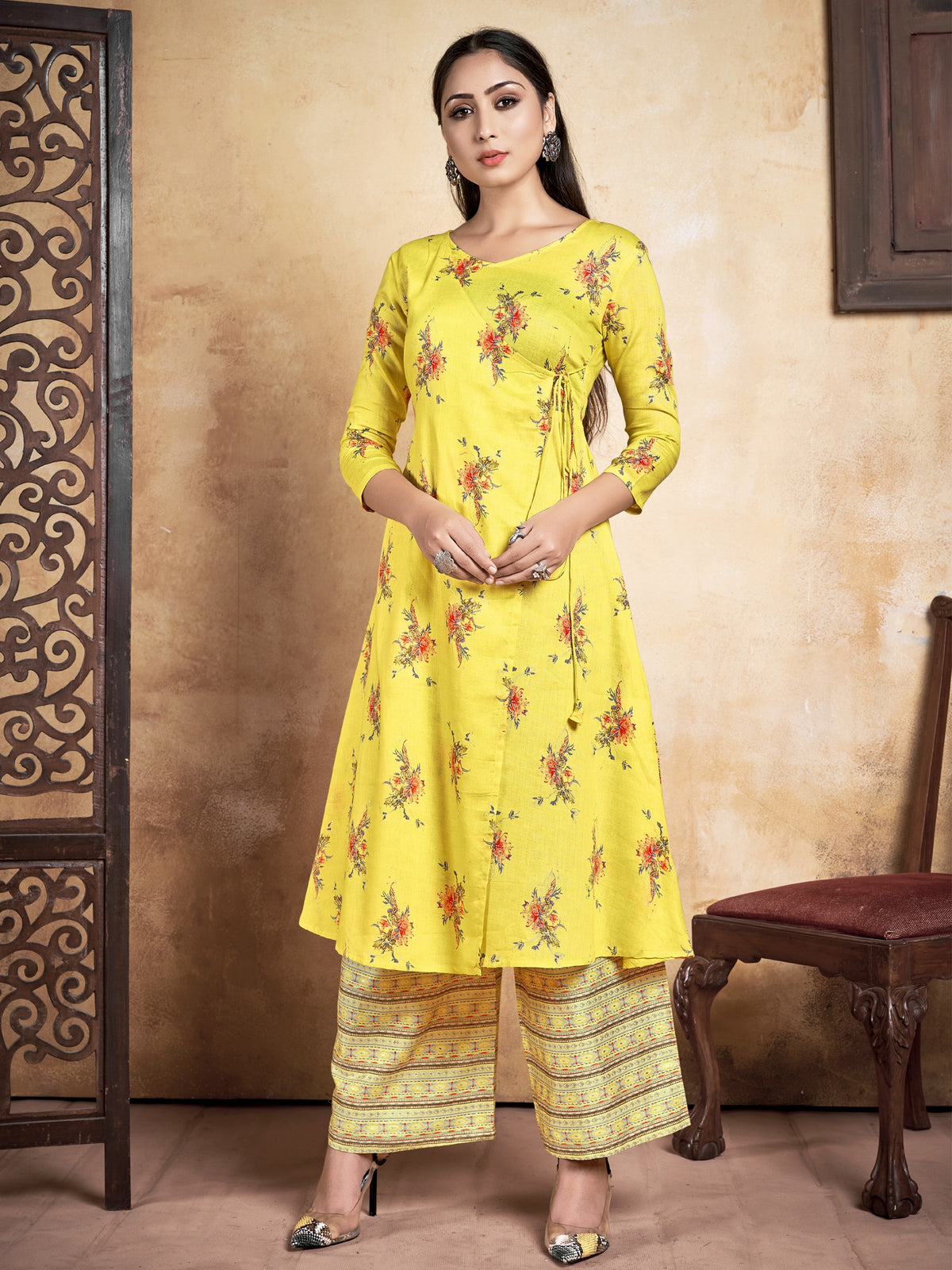 Yellow Printed Rayon Kurti With Palazzo