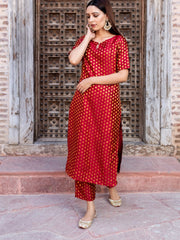 Red Woven Art Silk Kurti With Pant