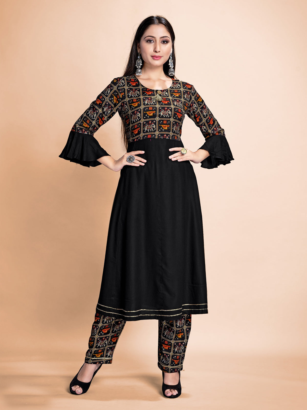 Black Printed Rayon Kurti With Pant