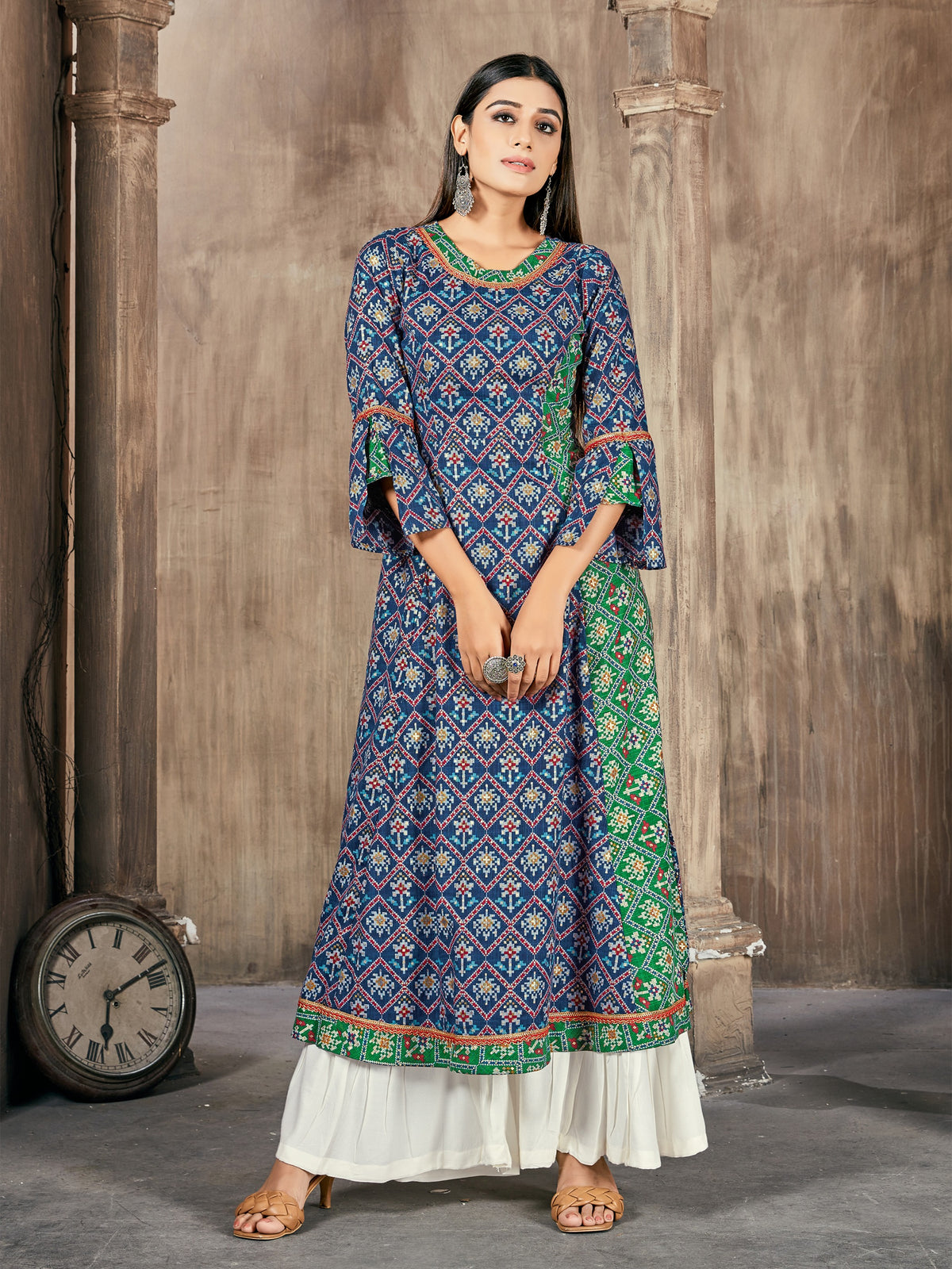 Blue Printed Rayon Kurti With Palazzo