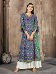 Blue Printed Rayon Kurti With Palazzo