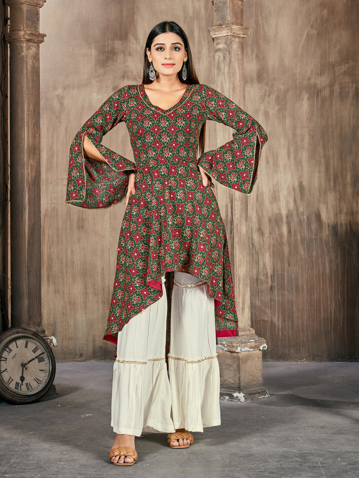 Green Printed Rayon Kurti With Palazzo