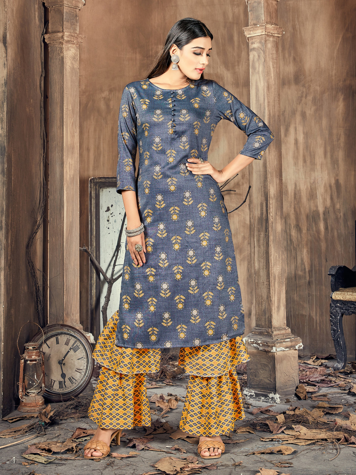 Grey Printed Rayon Kurti With Palazzo